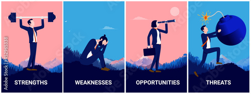 Strengths, weaknesses, opportunities and threats vector illustrations - Collection of business characters doing metaphors for business SWOT photo