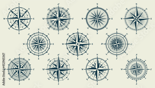 Vintage marine wind rose, nautical chart. Monochrome navigational compass with cardinal directions of North, East, South, West. Geographical position, cartography and navigation. Vector illustration.