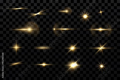 Light effects set, golden stars, bokeh,glittering particles.