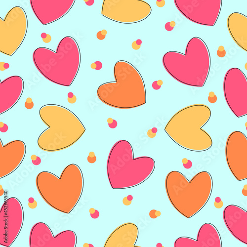Seamless pattern with yellow, pink and orange cartoons, cute hearts and circles. Can be used as a print for fabrics, wrappers and more
