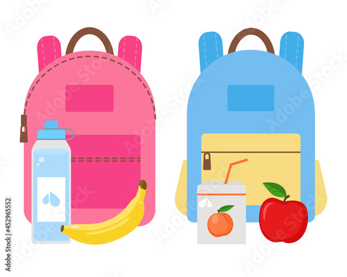 School lunch. Backpacks and food, fruit, juice, water. Healthy Eating. Vector illustration in flat style.
