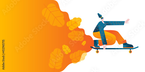 The girl quickly rides a skateboard. Template for a horizontal banner with autumn leaves.