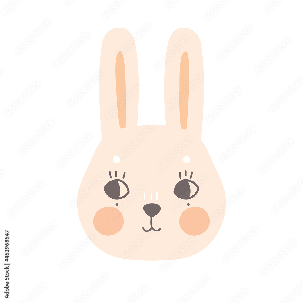 Fototapeta premium The face of a cute bunny with open eyes and eyelashes. A funny animal in a delicate pastel color. Hand-drawn vector illustration for the design of baby clothes and posters