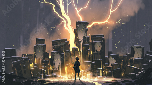 Foto the young girl standing and looking at the clocks that melted into luminous liqu