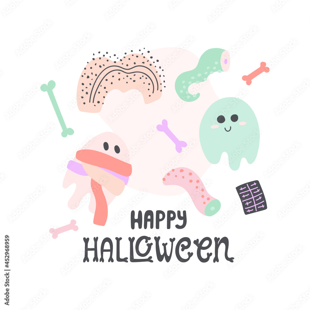 Halloween pastel concept illustration with ghost, mummy ghost, bones, severed octopus tentacle and abstract shapes. With hand-drawn lettering. Vector doodle isolated on white background.