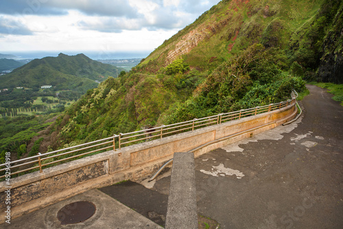 Nuuanu Pali Lookout, a historical landmark with scenic views at the head of Nuuanu Valley on the island of Oahu in Hawaii. photo