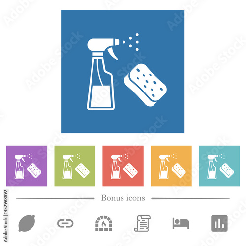 Spray bottle and sponge flat white icons in square backgrounds