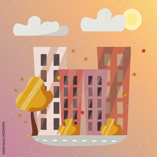 Autumn vector illustration of a city landscape in autumn, falling maple leaves, yellow trees and shrubs