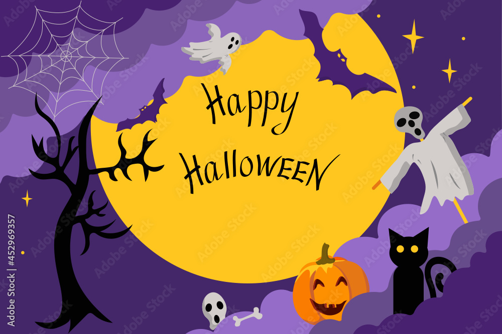 Happy Halloween. Holiday. Banner, postcard, party invitation. Night sky with moon, bats, ghosts and pumpkins. Hand draw text. Vector illustration. Place for your text.