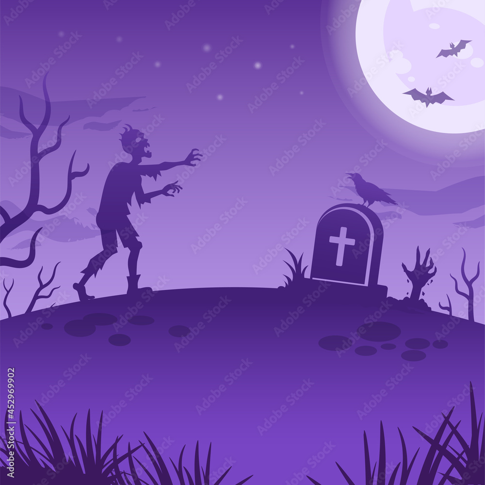 Halloween night illustration. Big glowing moon, walking dead and night spooky landscape. Vector spooky illustration with zombie, tombstone and full moon. Halloween background, poster, decoration.