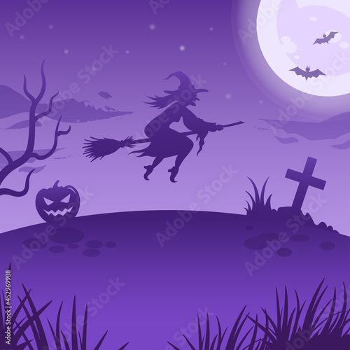 Halloween night illustration. Big glowing moon  flying witch and night spooky landscape. Vector spooky illustration with witch  pumpkin lantern and full moon. Halloween background  poster  decoration.