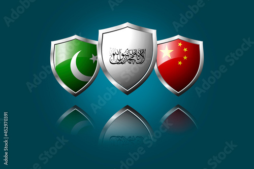 pakistan, taliban and china flags in shield. stock illustration. photo