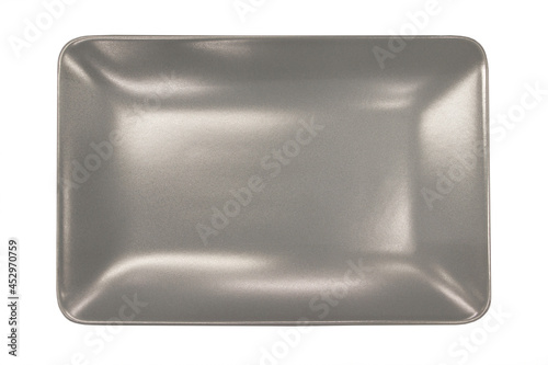Empty rectangular plate. Gray ceramics plate, View from above isolated on white background with clipping path. Empty rectangular black plate isolated on white background.