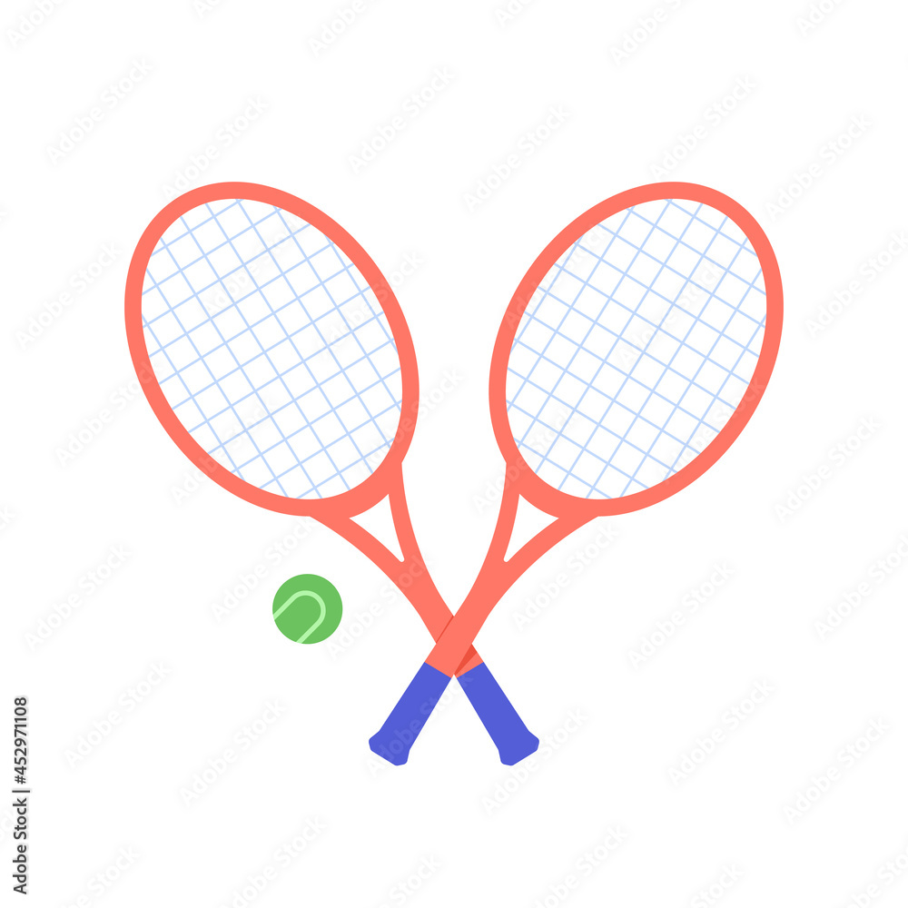 Crossed tennis rackets and ball isolated on white background. Sport equipment. Vector flat illustration. Crossed tennis rackets and ball isolated on white background. Sport equipment. Vector flat illustration.