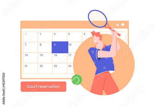 Reserve tennis time at the sports club. Tennis court rental.Man athlete with a racket in his hands, a calendar, a timer. Vector flat illustration.