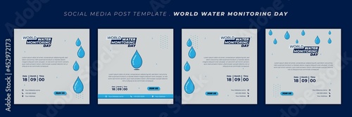 World water monitoring day design with water drops vector illustration. Set of social media template with blue and white design.