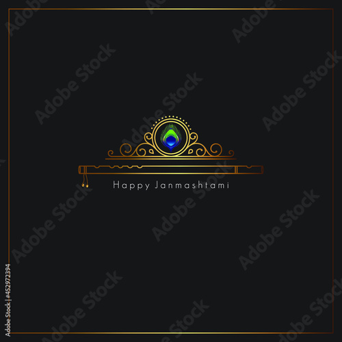 Happy Janmashtami greetings. exclusive decorative design with golden effect & Flute, Janmashtami message. isolated on black background.