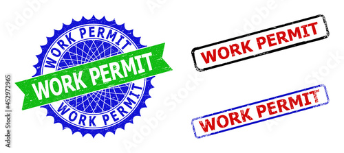 Bicolor WORK PERMIT seal stamps. Blue and green WORK PERMIT watermark with sharp rosette and ribbon elements. Rounded rough rectangle framed WORK PERMIT stamps in red, blue, black colors,