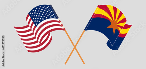 Crossed and waving flags of the USA and the State of Arizona
