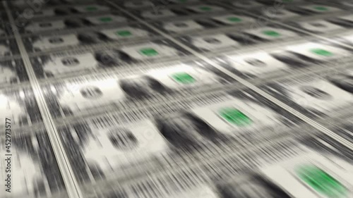 Dollar money sheet printing. USD banknotes loop print. Seamless and looped background concept of finance, economy crisis, inflation and business in USA.