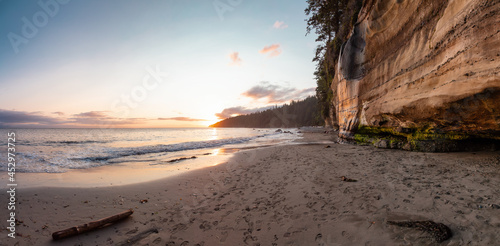 Panoramic View of Mystic Beach on the West Coast of Pacific Ocean. Summer Sunny Sunset. Canadian Nature Landscape Background Panorama. Located near Victoria, Vancouver Island, BC, Canada.