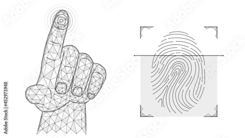 Fingerprint identification concept. Biometric data low poly design. Polygonal vector illustration of a hand pressing with an index finger and a fingerprint.