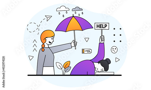 Help in fight against stress concept. Tired woman asks for help. Female character supports her friend and protects her from rain with umbrella. Cartoon flat vector illustration on white background