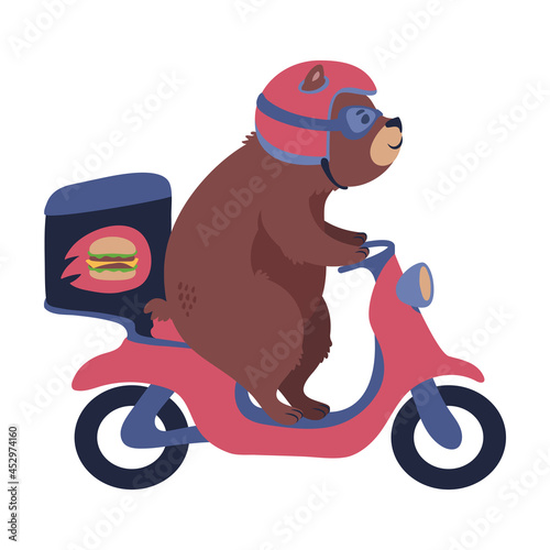 Food delivery bear on a motorbike. Vector illustration isolated on white.