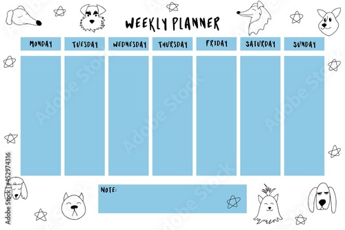 Weekly planner with cute outline dogs and stars in doodle cartoon style. Vector illustration for kids stationary, schedule, list, school timetable, extracurricular activities