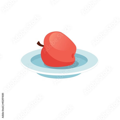 Vector cartoon flat apple on plate isolated on empty background-balanced diet,healthy eating and food cooking concept,web site banner ad design