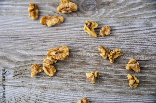 Walnuts in a wooden table background