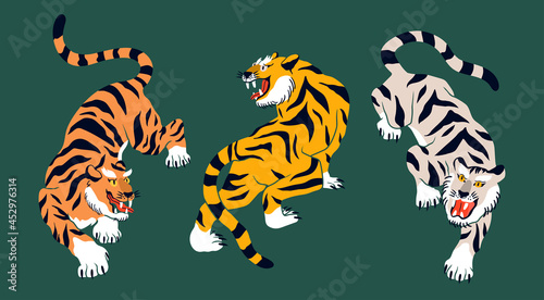 Set of three abstract isolated Tigers. Tiger walk. Japanese or Chinese oriental style. Hand drawn colored Vector illustration. Print, logo, poster template, tattoo idea. Symbol of 2022 new year