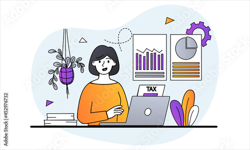 Financial Tax Report concept. Woman sitting at laptop and analyzing amount of tax payments. Accountant at Work. Financial Consultant. Cartoon flat vector illustration isolated on white background
