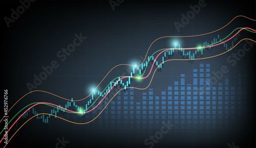 Blue neon candlestick and moving average  with chart world stock market investment chart stock trading bullish point bear market trend trend graph vector with world map black background