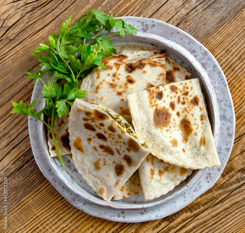 Qutab / Gözleme with herbs, cottage and feta cheeses