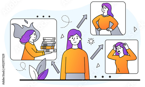 Emotions and mood concept. Woman and her various states and feelings. Joy, fatigue, pride and anger. Positive and negative. Cartoon doodle flat vector illustration isolated on white background