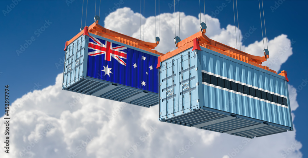 Freight containers with Australia and Botswana national flags. 3D Rendering 