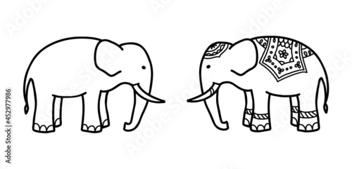 Asian Elephant Hand Drawn Illustration. Side view of Indian Ethnic Elephant