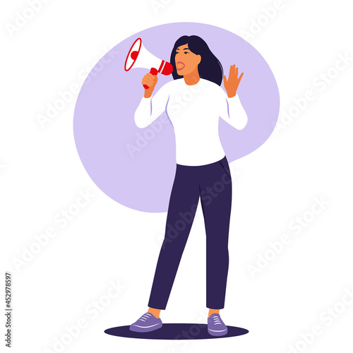 Woman is speaking into a megaphone. Announcement, warning concept. Vector illustration. Flat.