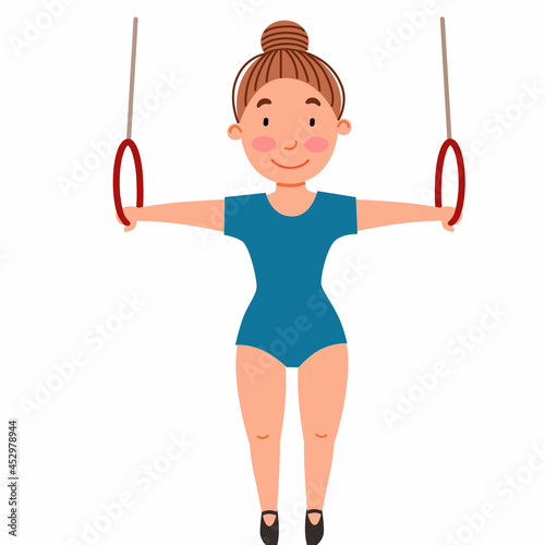 Childrenes sports gymnastics. Exercise on the rings. The girl is engaged in acrobatics. Vector illustration in a flat style on a white isolated background.