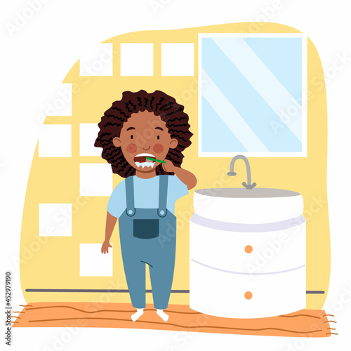 A black girl with dreadlocks in pajamas is brushing her teeth in the bathroom. Children are hygiene. A child with a toothbrush. Vector illustration in a flat style.