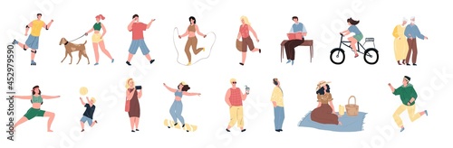 Set of vector flat cartoon characters enjoy summer outdoor activities-walking,bicycle riding,skating,jumping,running,reading,doing yoga.Healthy sporty lifestyle social concept,web site banner design