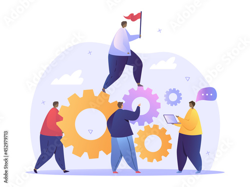 Team building and leadership concept. Man with flag walking towards goal. Employees launch mechanism of development and progress. Cartoon flat vector illustration isolated on white background