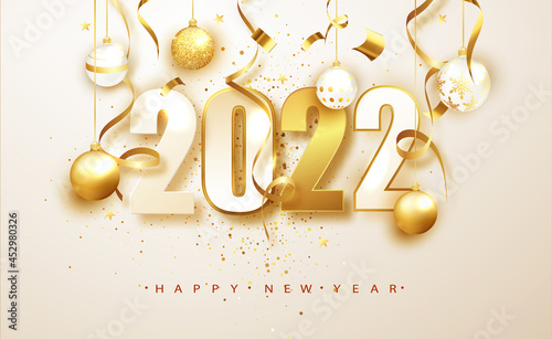 New year 2022. Banner with numbers date 2022 Christmas decoration and confetti on white background. Holiday greeting card design