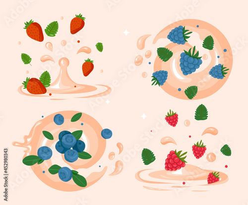 Set of berries with splashes. Icons with strawberries, raspberries, blueberries and blackberries. Design elements for stickers and packages. Cartoon flat vector collection isolated on pink background