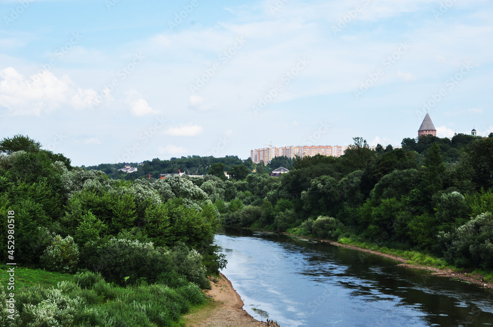 Panoramic views of the river, trees and residential buildings. Bank of the Peschaniy river. Summer day.