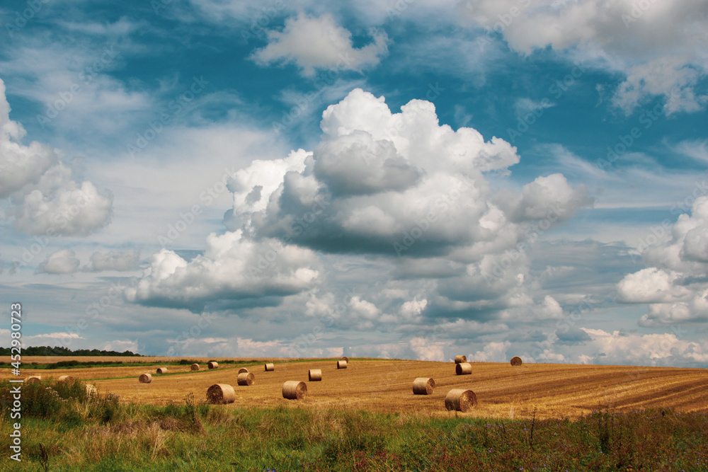 Strohballen auf sommerlichem Feld mit weißen Wolken Strohballen auf sommerlichem Feld mit weißen Wolken
