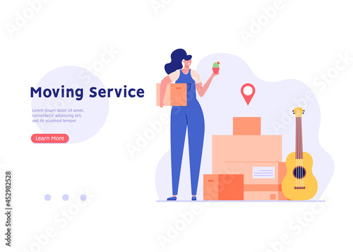 Moving service in new house or apartment. Delivery team with cardboard boxes for home stuff. People moving in new home. We’re moving concept. Vector illustration for Web Design