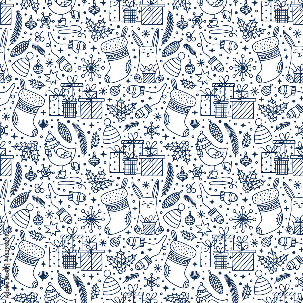 Winter Holiday doodle seamless pattern. Christmas stocking, plants,  skating bird, bunny, presents, warm outdoor clothes, snowflake. Vector outline background for print, textile, wrapping, gift paper