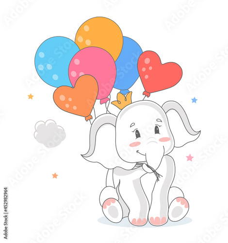 Elephant with balloons. Postcard with wild animal and balloons of various shapes. Character flies to clouds. Design for posters and printing on fabric. Cartoon flat vector isolated on white background